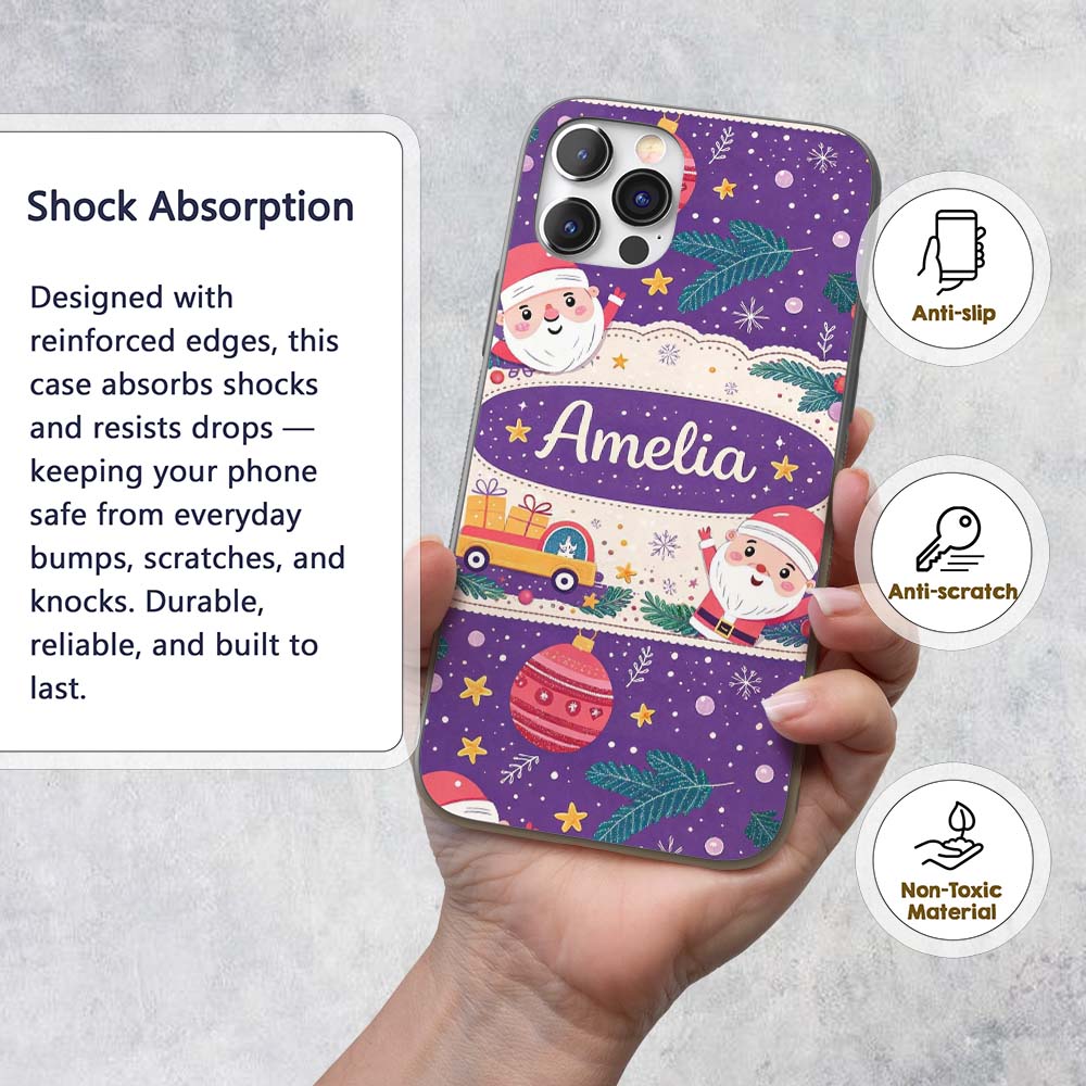 Santa Sleigh Gifts Purple Christmas Festive Printed Design Custom Name Protective Phone Case Mobile Cover Durable Smartphone Shock Resistant