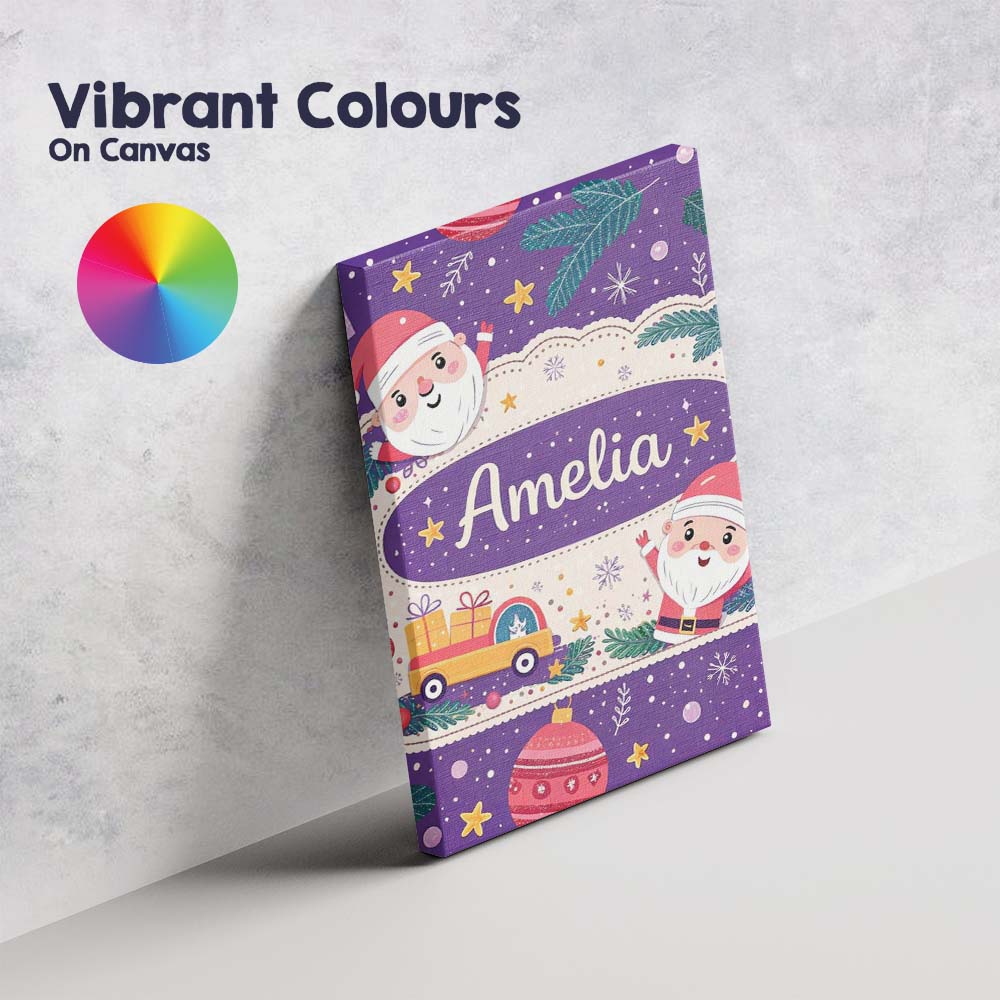 Personalised Name Santa Sleigh Gifts Purple Christmas Festive Custom Contemporary Display Canvas Wall Art Print Decor Picture Ready to Hang