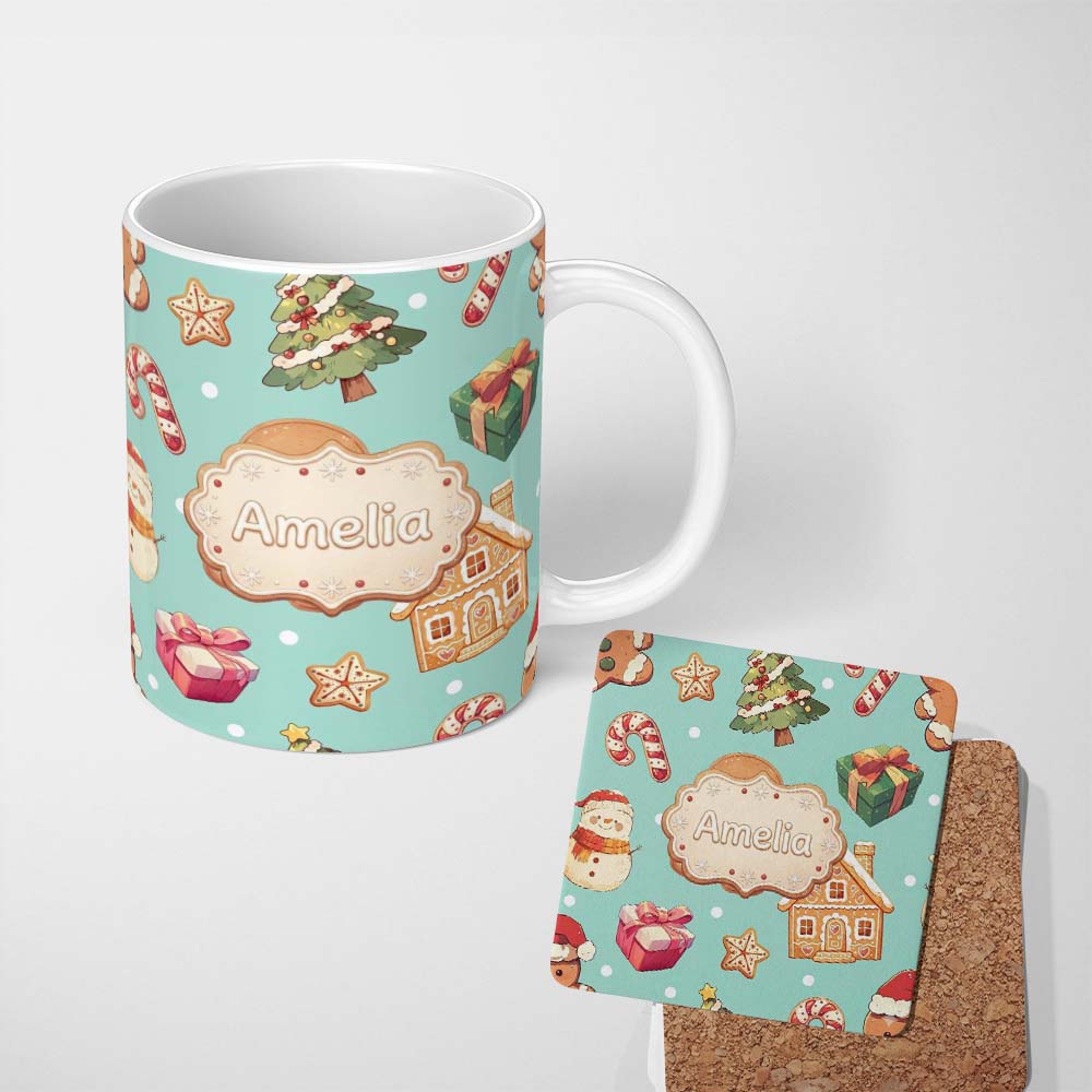 Personalized Custom Name Cute Christmas Gingerbread Man Tree Gift Snowman on Mint Background 11oz Ceramic Coffee Tea Mug White Large Handle