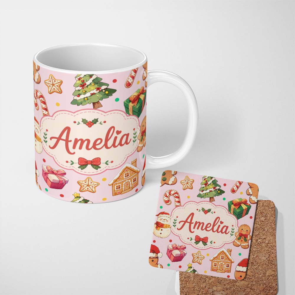 Personalized Custom Name Christmas Gingerbread Man Tree Gift Snowman on Blush Pink 11oz Ceramic Coffee Tea Mug White Large Handle