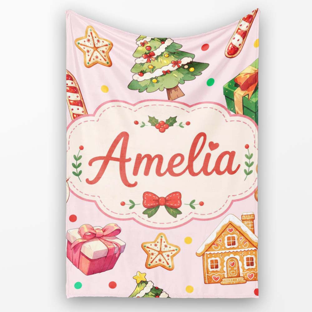 Christmas Gingerbread Man Tree Gift Snowman on Blush Pink  Personalised Custom Name Super Soft Fleece Blanket Bed Sofa Throw