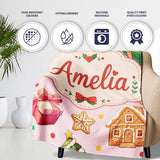 Christmas Gingerbread Man Tree Gift Snowman on Blush Pink  Personalised Custom Name Super Soft Fleece Blanket Bed Sofa Throw