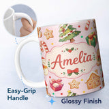 Personalized Custom Name Christmas Gingerbread Man Tree Gift Snowman on Blush Pink 11oz Ceramic Coffee Tea Mug White Large Handle