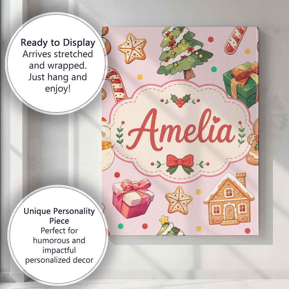 Personalised Name Christmas Gingerbread Man Custom  Bespoke Interior Contemporary Canvas Wall Art Print Decor Picture Ready to Hang