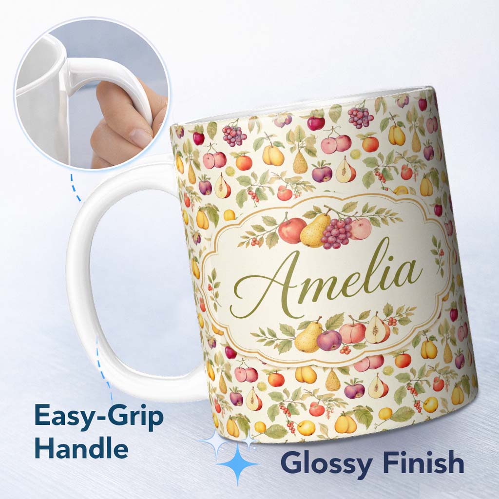 Personalized Custom Name Vintage Botanical Orchard Fruits and Leaves Seamless Pattern Lovely 11oz Ceramic Coffee Tea Mug White Large Handle