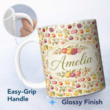 Personalized Custom Name Vintage Botanical Orchard Fruits and Leaves Seamless Pattern Lovely 11oz Ceramic Coffee Tea Mug White Large Handle