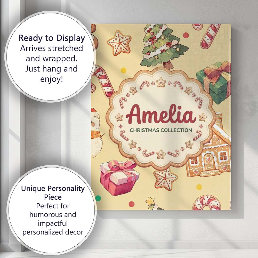 Personalised Name Christmas Gingerbread Man Custom  Bespoke Interior Contemporary Canvas Wall Art Print Decor Picture Ready to Hang