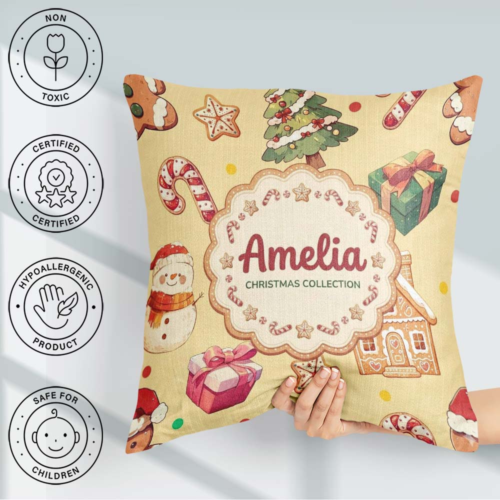 Custom Name Christmas Gingerbread Man Tree Gift Snowman on Soft Square Filled Cushion Throw Pillow Sofa Bed Home Decor Zip Washable UK Made