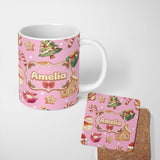 Personalized Custom Name Christmas Gingerbread Man Tree Gift Snowman on Pink Background 11oz Ceramic Coffee Tea Mug White Large Handle