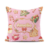 Custom Name Gingerbread Man Tree Gift Snowman on Pink Background Square Filled Cushion Throw Pillow Sofa Bed Home Decor Zip Washable UK Made