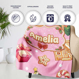 Christmas Gingerbread Man Tree Gift Snowman on Pink Background  Personalised Custom Name Super Soft Fleece Blanket Bed Sofa Throw