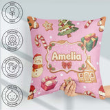 Custom Name Gingerbread Man Tree Gift Snowman on Pink Background Square Filled Cushion Throw Pillow Sofa Bed Home Decor Zip Washable UK Made