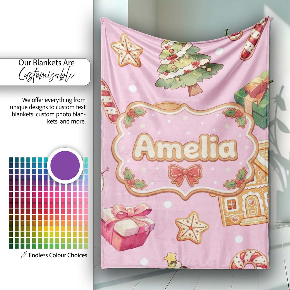 Christmas Gingerbread Man Tree Gift Snowman on Pink Background  Personalised Custom Name Super Soft Fleece Blanket Bed Sofa Throw