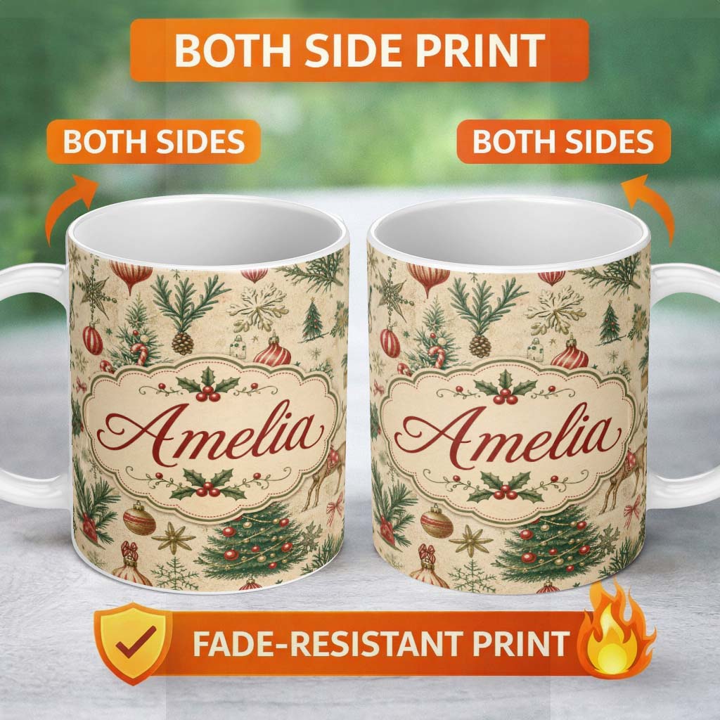 Personalized Custom Name Vintage Woodland Christmas Tree Animals Ornaments Holiday Design 11oz Ceramic Coffee Tea Mug White Large Handle