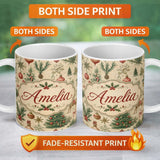 Personalized Custom Name Vintage Woodland Christmas Tree Animals Ornaments Holiday Design 11oz Ceramic Coffee Tea Mug White Large Handle
