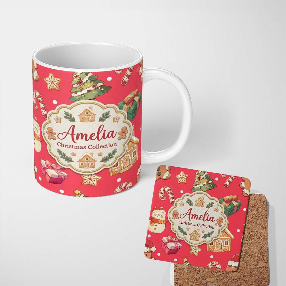 Personalized Custom Name Christmas Gingerbread Man Tree Gift Snowman on Red Background 11oz Ceramic Coffee Tea Mug White Large Handle