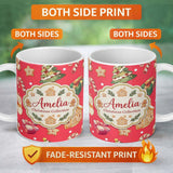 Personalized Custom Name Christmas Gingerbread Man Tree Gift Snowman on Red Background 11oz Ceramic Coffee Tea Mug White Large Handle