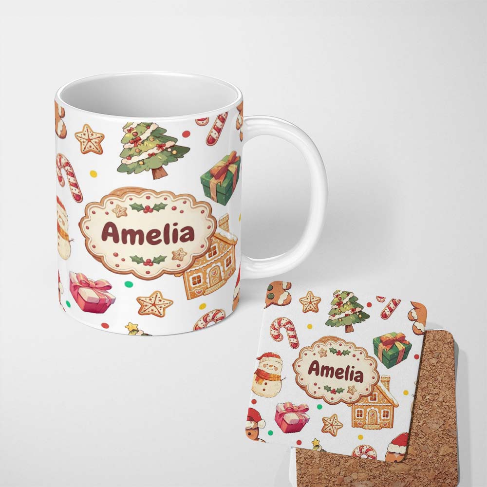 Personalized Custom Name Christmas Gingerbread Man Tree Gift Snowman on Light Grey 11oz Ceramic Coffee Tea Mug White Large Handle
