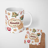 Personalized Custom Name Christmas Gingerbread Man Tree Gift Snowman on Light Grey 11oz Ceramic Coffee Tea Mug White Large Handle