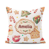 Custom Name Christmas Gingerbread Man Tree Snowman on Light Grey Square Filled Cushion Throw Pillow Sofa Bed Home Decor Zip Washable UK Made