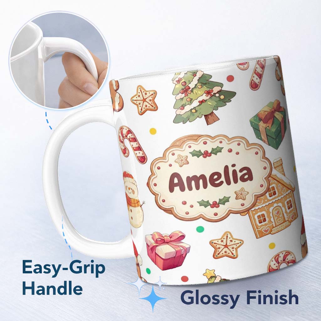 Personalized Custom Name Christmas Gingerbread Man Tree Gift Snowman on Light Grey 11oz Ceramic Coffee Tea Mug White Large Handle
