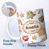 Personalized Custom Name Christmas Gingerbread Man Tree Gift Snowman on Light Grey 11oz Ceramic Coffee Tea Mug White Large Handle
