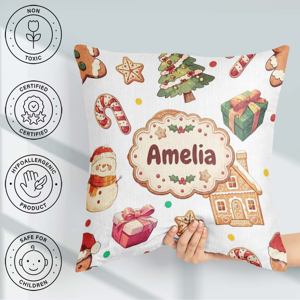 Custom Name Christmas Gingerbread Man Tree Snowman on Light Grey Square Filled Cushion Throw Pillow Sofa Bed Home Decor Zip Washable UK Made