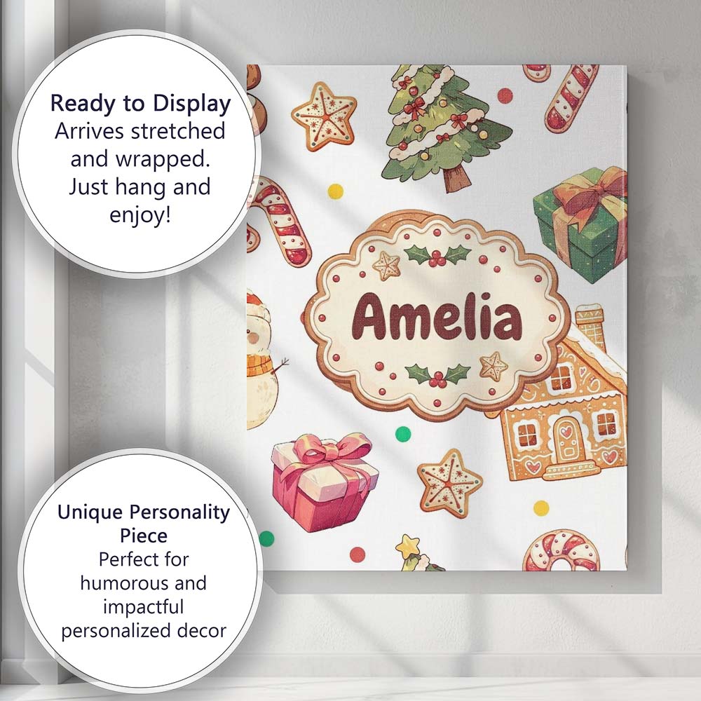 Personalised Name Christmas Gingerbread Man Custom  Bespoke Interior Contemporary Canvas Wall Art Print Decor Picture Ready to Hang