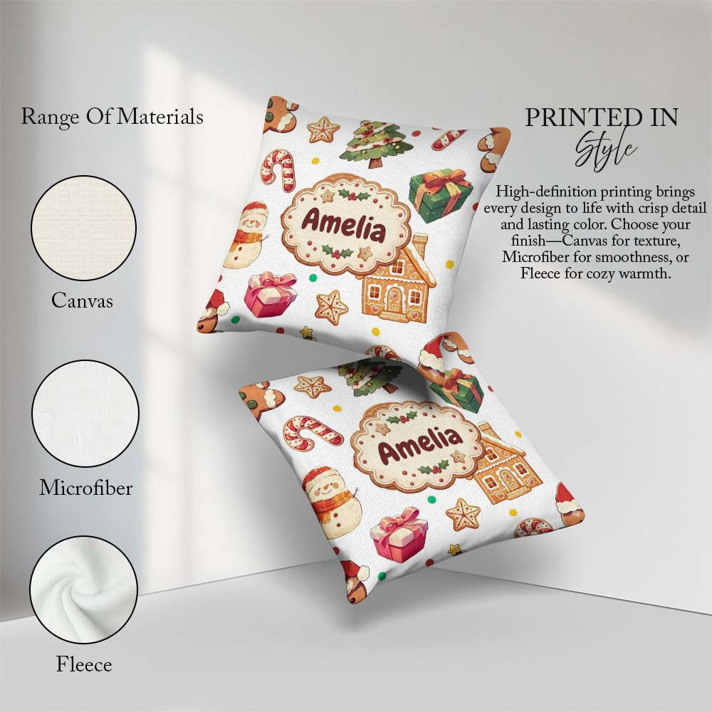Custom Name Christmas Gingerbread Man Tree Snowman on Light Grey Square Filled Cushion Throw Pillow Sofa Bed Home Decor Zip Washable UK Made