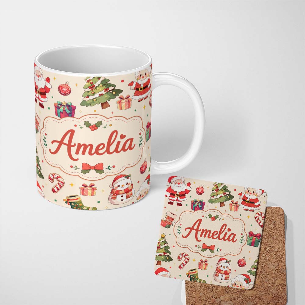 Personalized Custom Name Cute Santa Claus Mrs Snowman Gift Candy Festive Seamless Pattern 11oz Ceramic Coffee Tea Mug White Large Handle