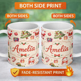 Personalized Custom Name Cute Santa Claus Mrs Snowman Gift Candy Festive Seamless Pattern 11oz Ceramic Coffee Tea Mug White Large Handle