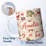 Personalized Custom Name Cute Santa Claus Mrs Snowman Gift Candy Festive Seamless Pattern 11oz Ceramic Coffee Tea Mug White Large Handle