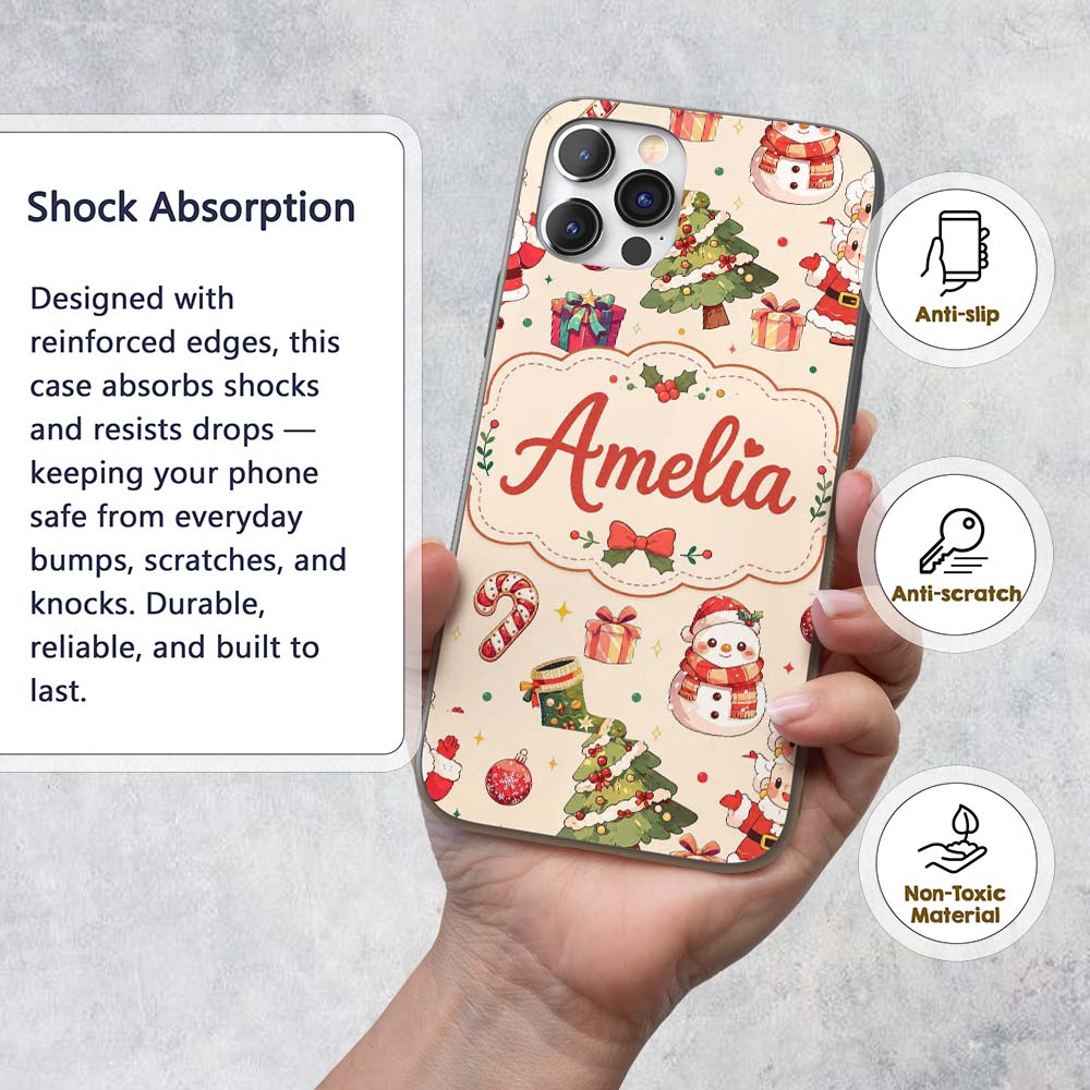 Cute Santa Claus Mrs Snowman Gift Candy Festive Custom Name Protective Phone Case Mobile Cover Durable Everyday Smartphone Shock Resistant