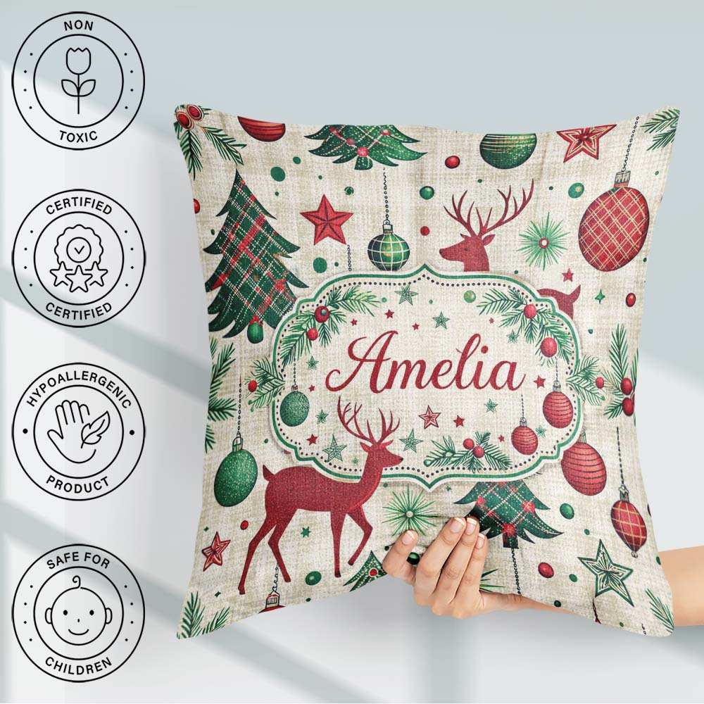Custom Name Red Reindeer Christmas Ornaments Festive Seamless Square Filled Cushion Throw Pillow Sofa Bed Home Decor Zip Washable UK Made