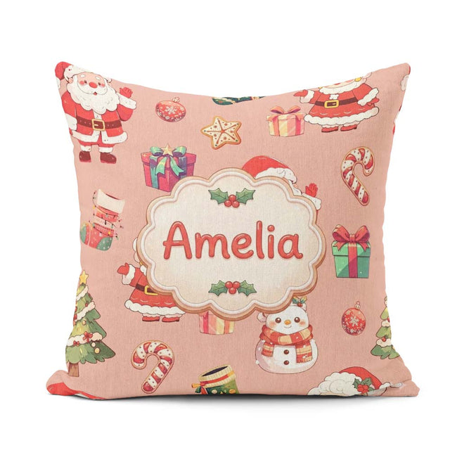 Custom Name Santa Claus Mrs Snowman Candy on Peach Background Square Filled Cushion Throw Pillow Sofa Bed Home Decor Zip Washable UK Made
