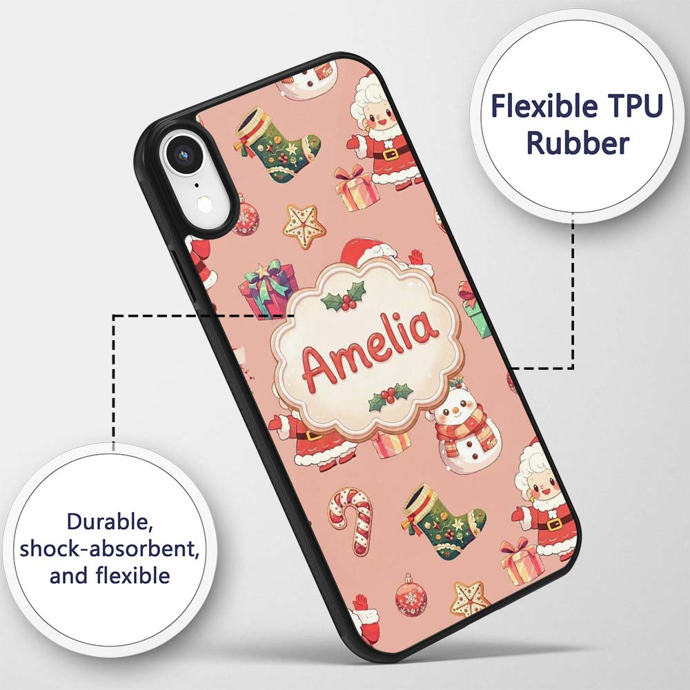 Cute Santa Claus Mrs Snowman Gift Candy on Peach Custom Name Protective Phone Case Mobile Cover Durable Everyday Smartphone Shock Resistant
