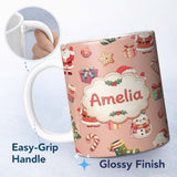 Personalized Custom Name Cute Santa Claus Mrs Snowman Gift Candy on Peach Background 11oz Ceramic Coffee Tea Mug White Large Handle