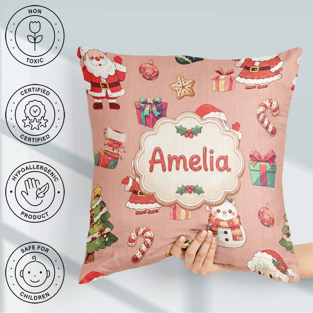 Custom Name Santa Claus Mrs Snowman Candy on Peach Background Square Filled Cushion Throw Pillow Sofa Bed Home Decor Zip Washable UK Made
