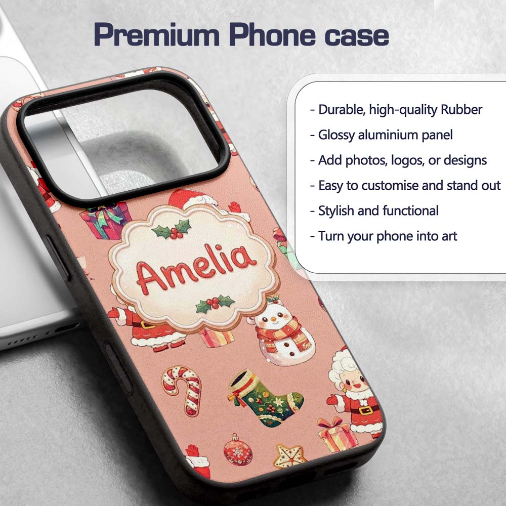 Cute Santa Claus Mrs Snowman Gift Candy on Peach Custom Name Protective Phone Case Mobile Cover Durable Everyday Smartphone Shock Resistant