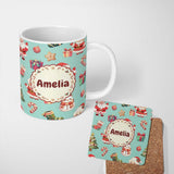Personalized Custom Name Cute Santa Claus Mrs Snowman Gift Candy on Mint Background Seamless 11oz Ceramic Coffee Tea Mug White Large Handle