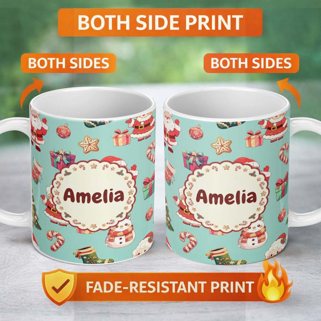 Personalized Custom Name Cute Santa Claus Mrs Snowman Gift Candy on Mint Background Seamless 11oz Ceramic Coffee Tea Mug White Large Handle