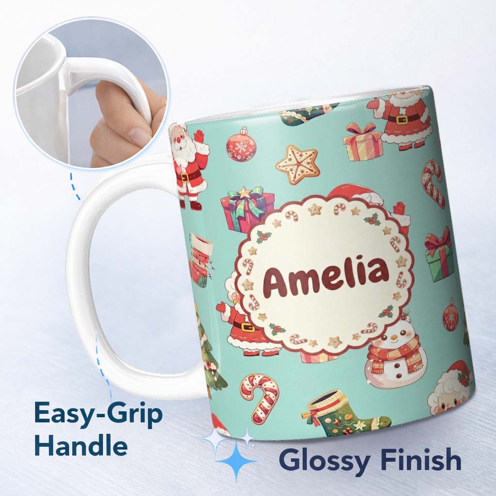 Personalized Custom Name Cute Santa Claus Mrs Snowman Gift Candy on Mint Background Seamless 11oz Ceramic Coffee Tea Mug White Large Handle