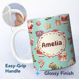 Personalized Custom Name Cute Santa Claus Mrs Snowman Gift Candy on Mint Background Seamless 11oz Ceramic Coffee Tea Mug White Large Handle