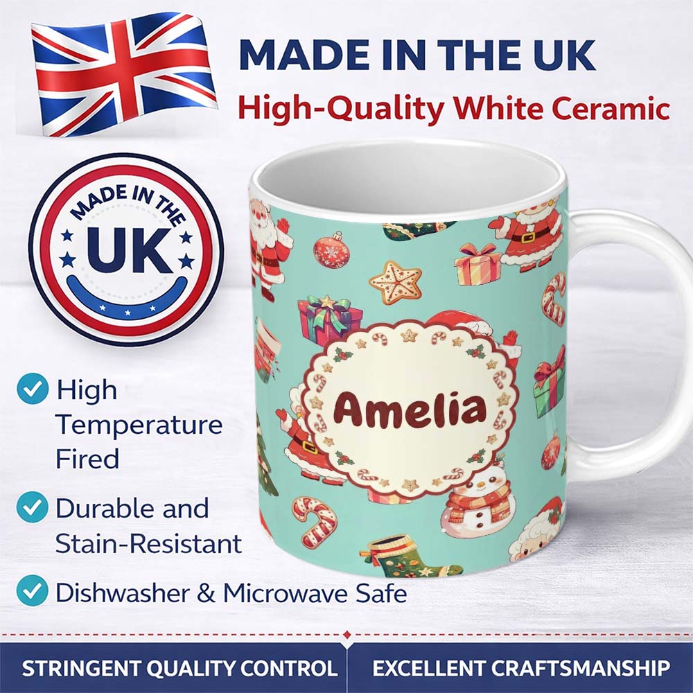 Personalized Custom Name Cute Santa Claus Mrs Snowman Gift Candy on Mint Background Seamless 11oz Ceramic Coffee Tea Mug White Large Handle