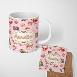 Personalized Custom Name Cute Santa Claus Mrs Snowman Gift Candy on Pink Background Seamless 11oz Ceramic Coffee Tea Mug White Large Handle