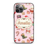 Cute Santa Claus Mrs Snowman Gift Candy on Pink Custom Name Protective Phone Case Mobile Cover Durable Everyday Smartphone Shock Resistant