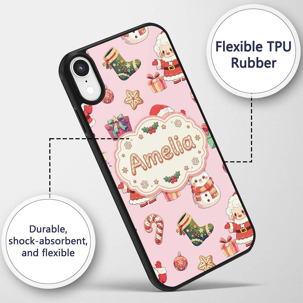 Cute Santa Claus Mrs Snowman Gift Candy on Pink Custom Name Protective Phone Case Mobile Cover Durable Everyday Smartphone Shock Resistant