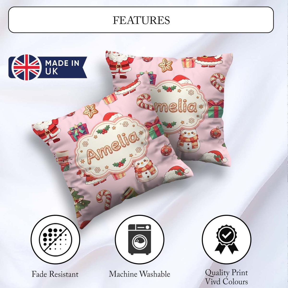 Custom Name Cute Santa Claus Mrs Snowman Candy on Pink Seamless Square Filled Cushion Throw Pillow Sofa Bed Home Decor Zip Washable UK Made
