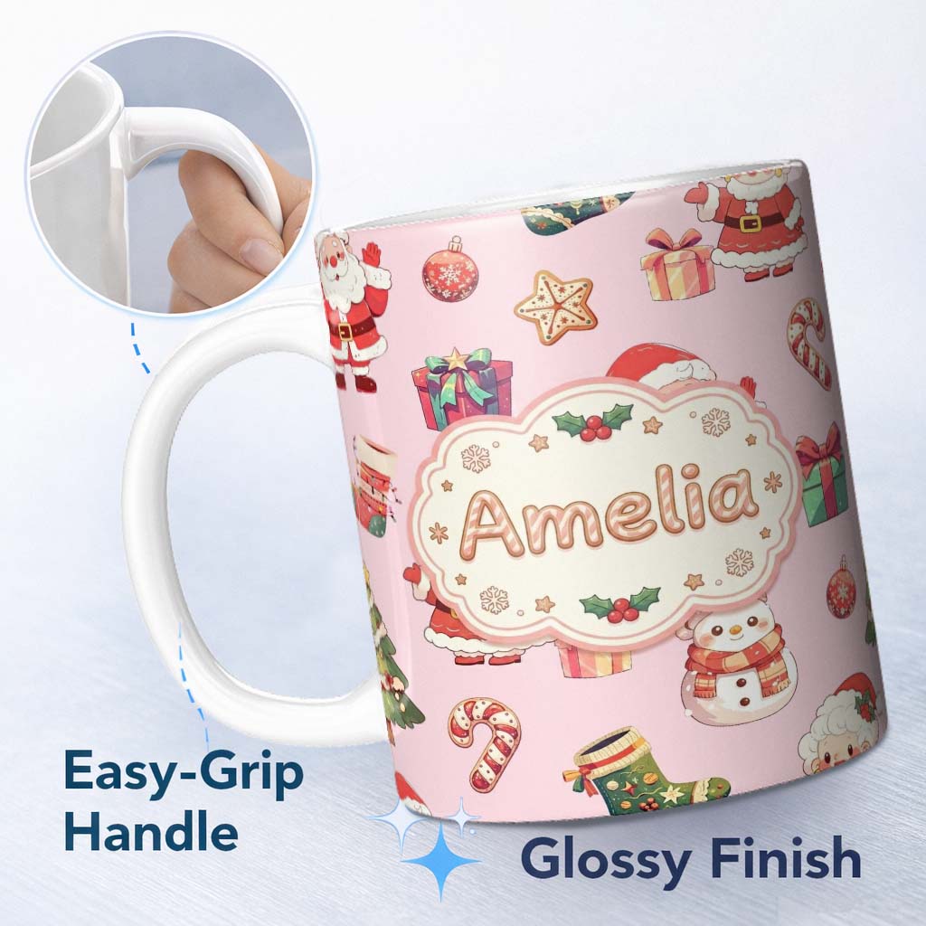 Personalized Custom Name Cute Santa Claus Mrs Snowman Gift Candy on Pink Background Seamless 11oz Ceramic Coffee Tea Mug White Large Handle