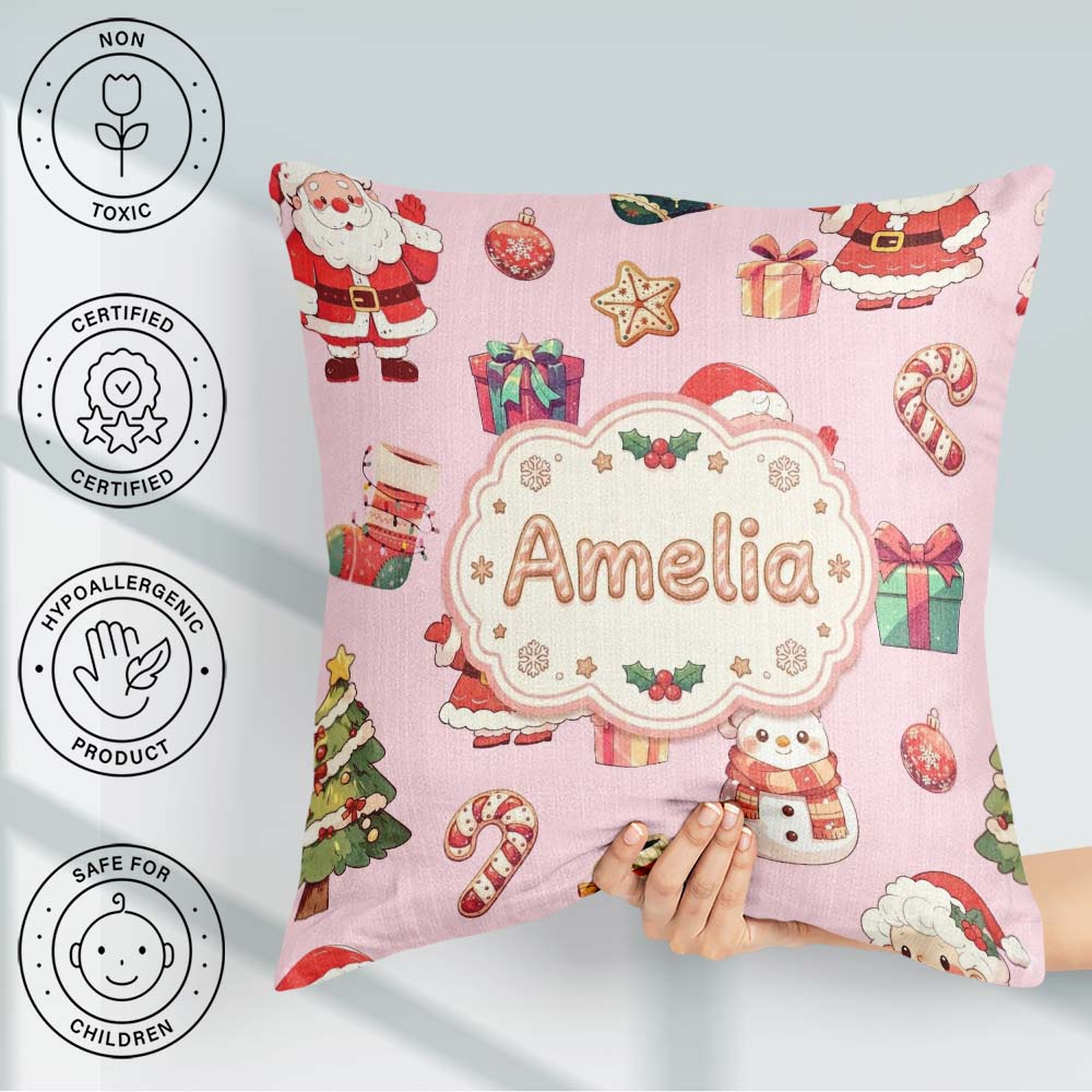 Custom Name Cute Santa Claus Mrs Snowman Candy on Pink Seamless Square Filled Cushion Throw Pillow Sofa Bed Home Decor Zip Washable UK Made